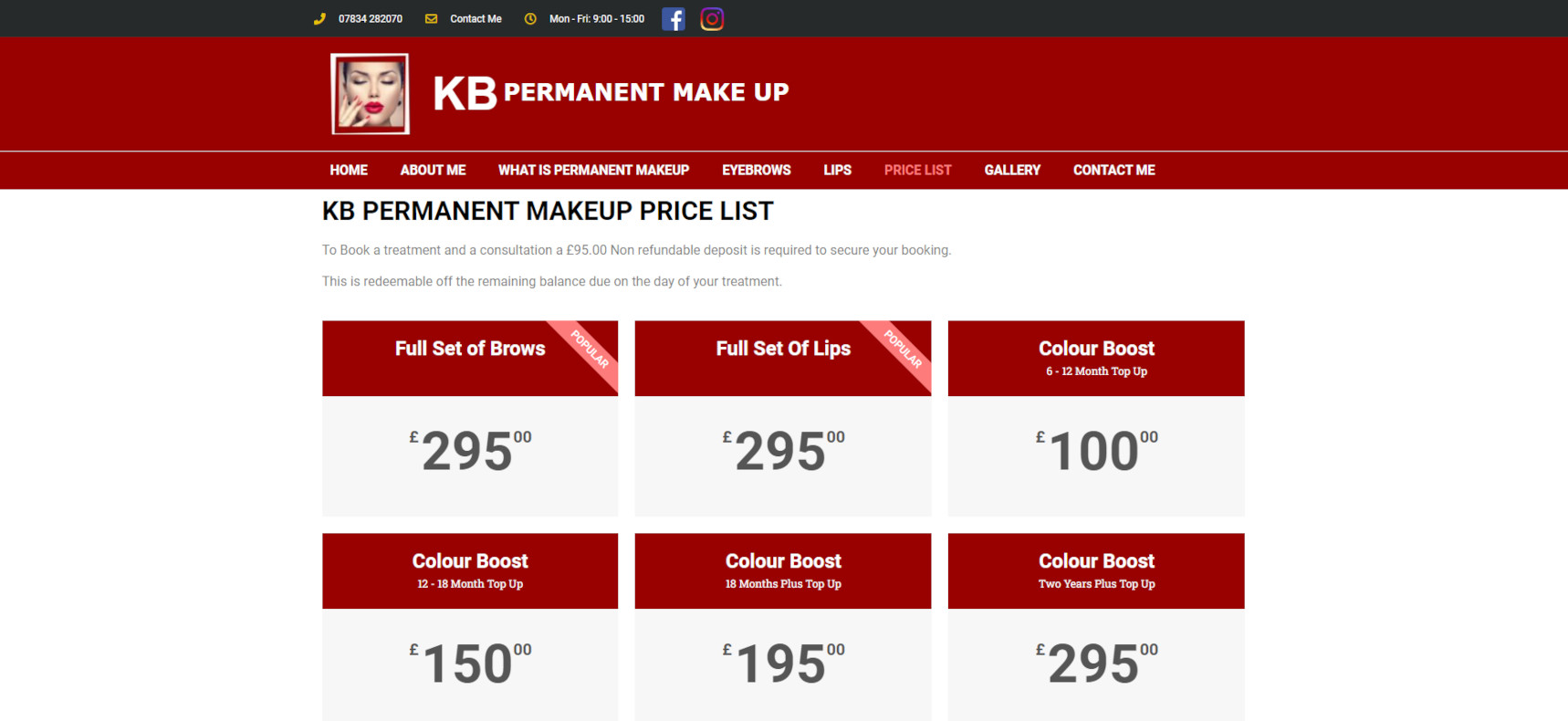 KB Permanent Makeup Price List